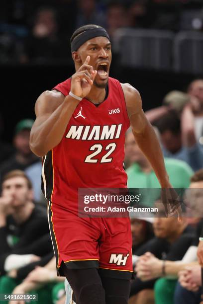 Jimmy Butler of the Miami Heat reacts during the fourth quarter against the Boston Celtics in game two of the Eastern Conference Finals at TD Garden...