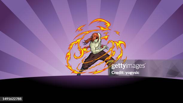 ilustraciones, imágenes clip art, dibujos animados e iconos de stock de vector anime samurai fighting ready stance with flame effects stock illustration - fortalezas