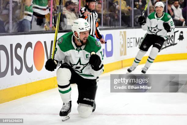 Jamie Benn of the Dallas Stars celebrates after scoring a goal against the Vegas Golden Knights during the third period in Game One of the Western...