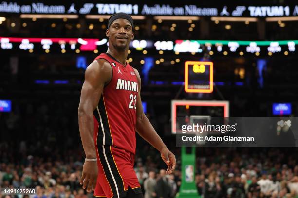 Jimmy Butler of the Miami Heat looks on during the fourth quarter against the Boston Celtics in game two of the Eastern Conference Finals at TD...
