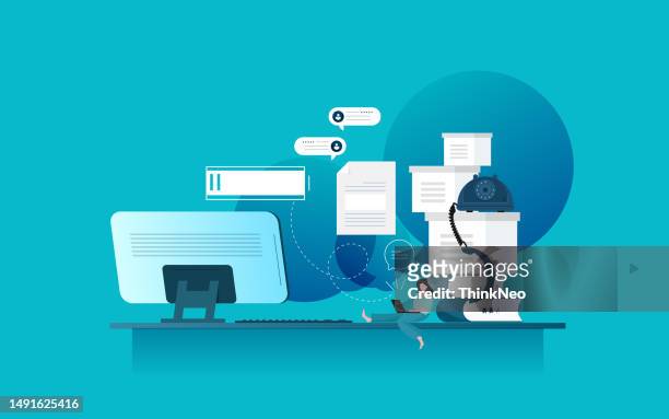 tired man sitting on floor with paper document piles - bureaucracy stock illustrations