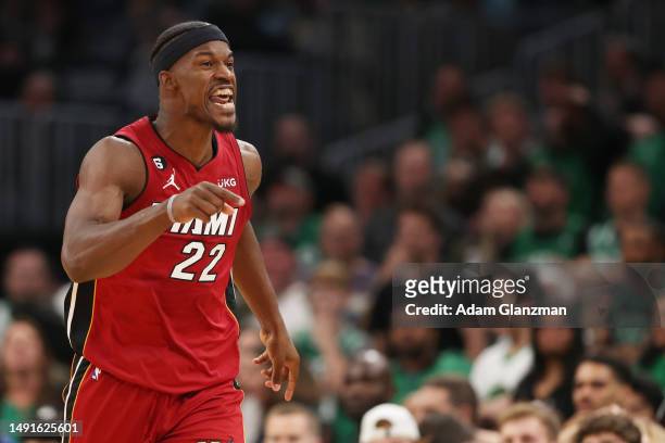 Jimmy Butler of the Miami Heat reacts during the fourth quarter against the Boston Celtics in game two of the Eastern Conference Finals at TD Garden...