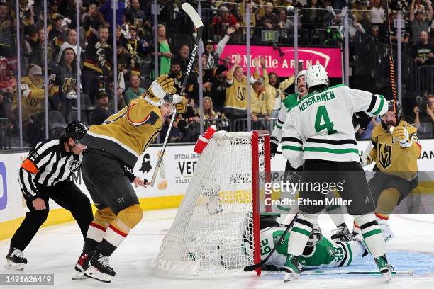 Brett Howden of the Vegas Golden Knights celebrates after scoring the game-winning goal past Jake Oettinger of the Dallas Stars during overtime in...