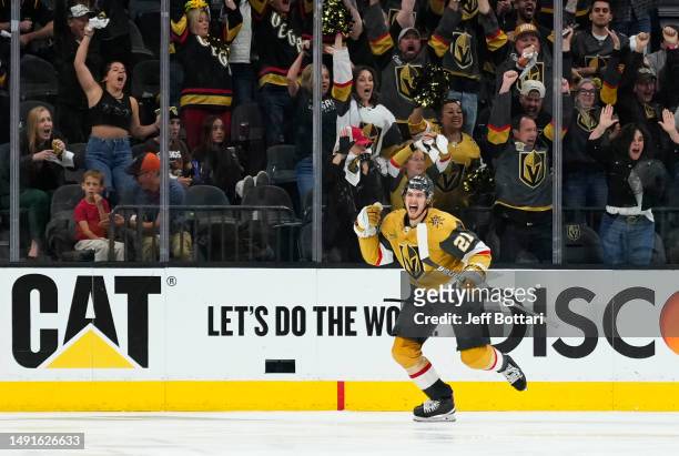 Brett Howden of the Vegas Golden Knights celebrates after scoring the game-winning goal during overtime against the Dallas Stars in Game One of the...