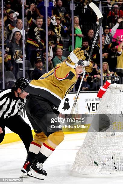 Brett Howden of the Vegas Golden Knights celebrates after scoring the game-winning goal against the Dallas Stars during overtime in Game One of the...