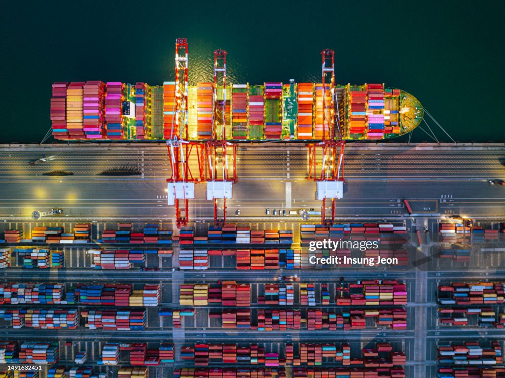 Aerial View of Container Cargo Ship on Terminal Commercial Port
