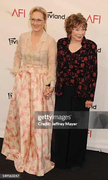 Meryl Streep and Shirley MacLaine arrive at the 40th AFI Life Achievement Award honoring Shirley MacLaine at Sony Pictures Studios on June 7, 2012 in...