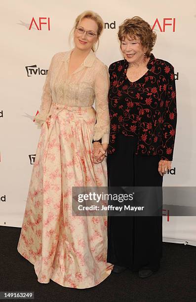 Meryl Streep and Shirley MacLaine arrive at the 40th AFI Life Achievement Award honoring Shirley MacLaine at Sony Pictures Studios on June 7, 2012 in...