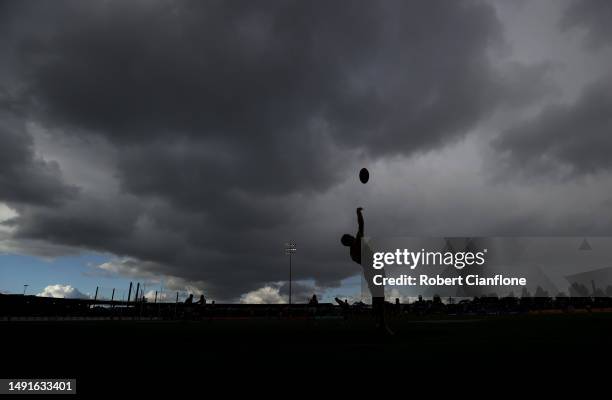 The boundary umpire throws the ball back into play during the round 10 AFL match between Western Bulldogs and Adelaide Crows at Mars Stadium, on May...