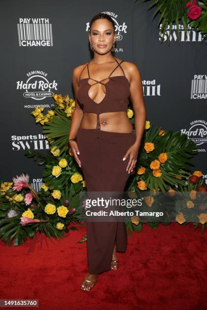 Kamie Crawford attends the Sports Illustrated Swimsuit 2023 Issue Release Party at The Guitar Hotel at Seminole Hard Rock Hotel & Casino on May 19,...
