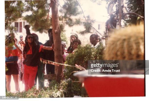 Rhythm guitarist lead singer David Hinds of Steel Pulse reggae group pose for a photo holding on a tree at the St. Teckle Haymonot Ethiopian Orthodox...