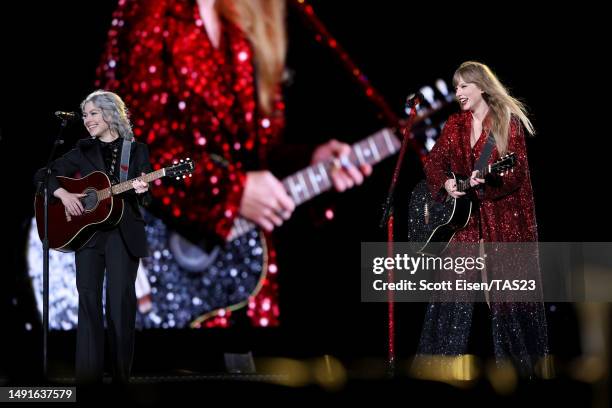 Phoebe Bridgers and Taylor Swift perform onstage during "Taylor Swift | The Eras Tour" at Gillette Stadium on May 19, 2023 in Foxborough,...