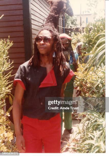 Rhythm guitarist lead singer David Hinds and drummer Steve Nisbett of Steel Pulse reggae group pose for a photo at the St. Teckle Haymonot Ethiopian...