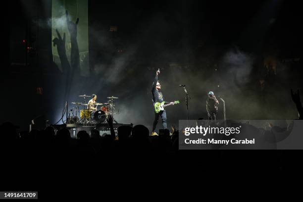 Travis Barker, Mark Hoppus and Tom DeLonge of Blink-182 perform onstage at Madison Square Garden on May 19, 2023 in New York City.