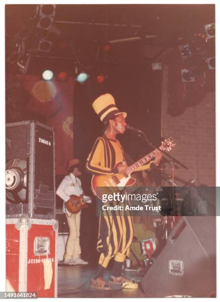 Rhythm guitarist and lead singer David Hinds of Steel Pulse reggae group performing live at the Roxy Theatre in West Hollywood, California circa 1984