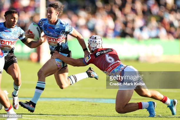 Nicholas Hynes of the Sharks runs the ball during the round 12 NRL match between Cronulla Sharks and Newcastle Knights at Coffs Harbour International...