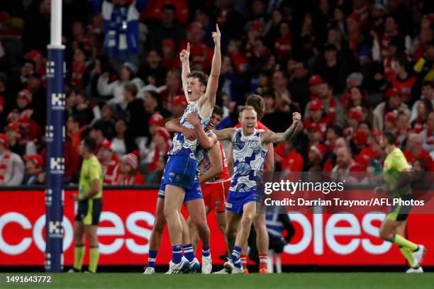 Nick Larkey of the Kangaroos celebrates a goal during the round 10 AFL match between North Melbourne Kangaroos and Sydney Swans at Marvel Stadium, on...