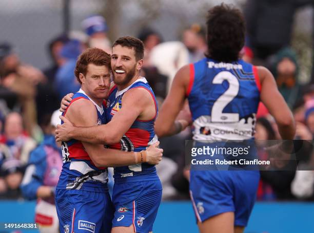 Marcus Bontempelli of the Bulldogs celebrates after scoring a goal during the round 10 AFL match between Western Bulldogs and Adelaide Crows at Mars...