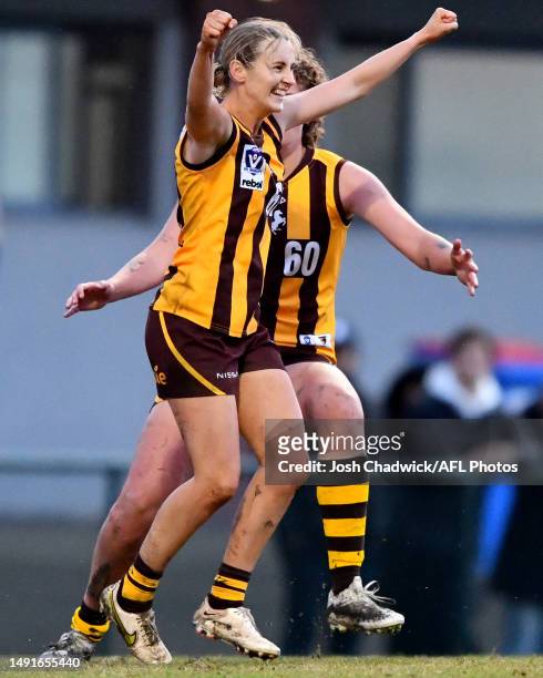 Gabby Collingwood of the Box Hill Hawks celebrates kicking the winning goal during the round nine VFLW match between Box Hill Hawks and Carlton Blues...