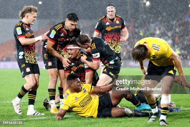 Tupou Vaa'i of the Chiefs celebrates after scoring a try during the round 13 Super Rugby Pacific match between Chiefs and Hurricanes at FMG Stadium...