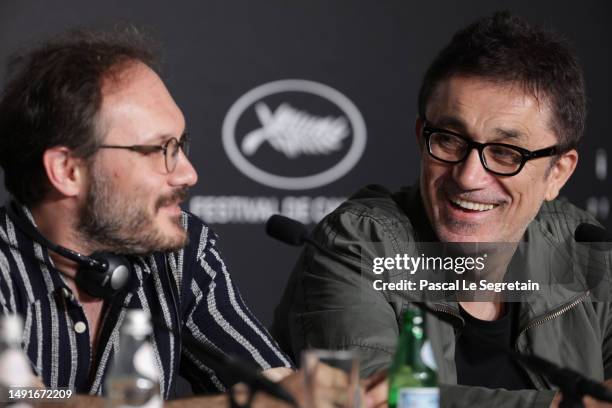 Deniz Celiloglu, Director Nuri Bilge Ceylan attend the "Kuru Otlar Ustune " press conference at the 76th annual Cannes film festival at Palais des...