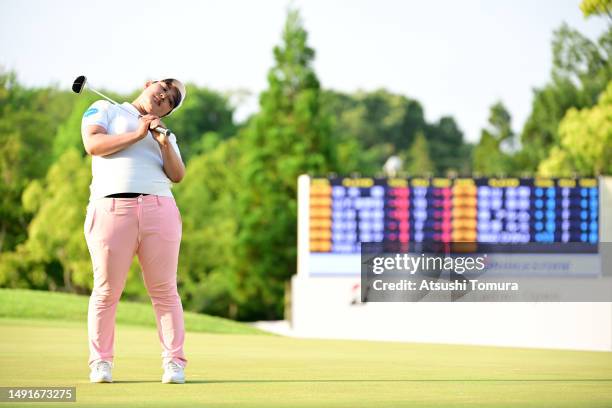 Ai Suzuki of Japan reacts after a putt on the 18th green during the third round of Bridgestone Ladies Open at Chukyo Golf Club Ishino Course on May...