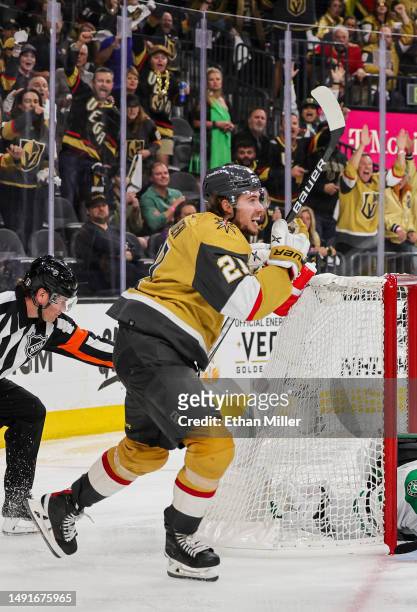 Brett Howden of the Vegas Golden Knights celebrates his game-winning goal against the Dallas Stars in overtime of Game One of the Western Conference...