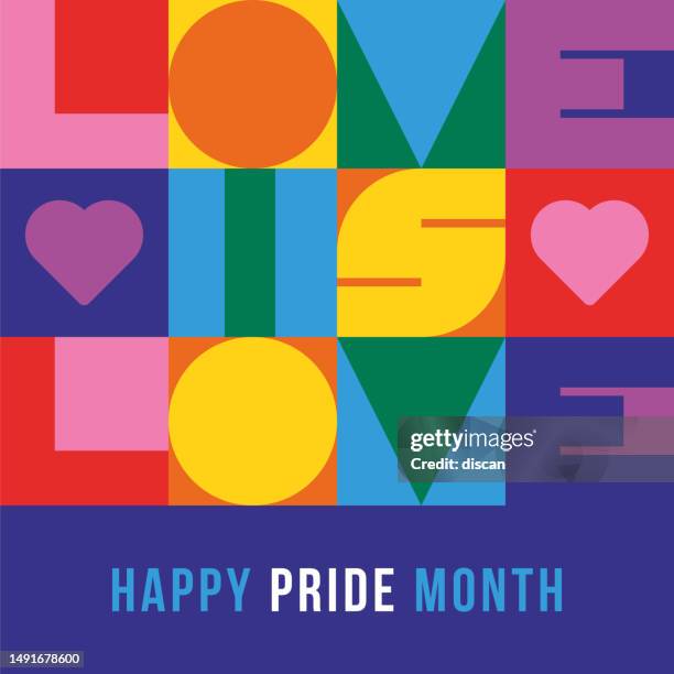 pride-month-karte mit geometrischer typografie. - stolz stock-grafiken, -clipart, -cartoons und -symbole