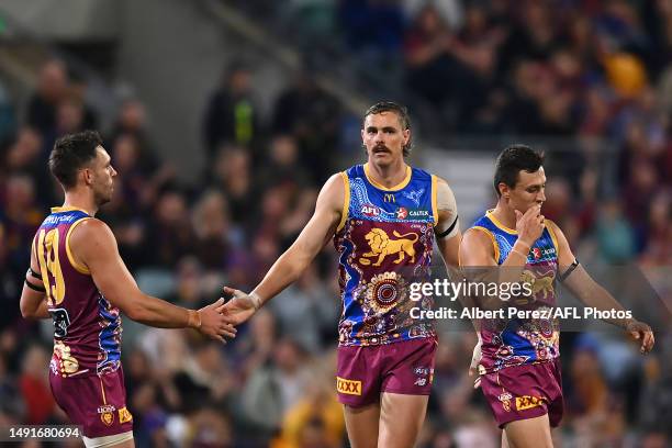 Joe Daniher of the Lions celebrates kicking a goal during the round 10 AFL match between Brisbane Lions and Gold Coast Suns at The Gabba, on May 20...