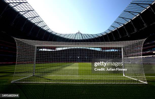 General view of the goal inside the stadium prior to the Premier League match between Tottenham Hotspur and Brentford FC at Tottenham Hotspur Stadium...