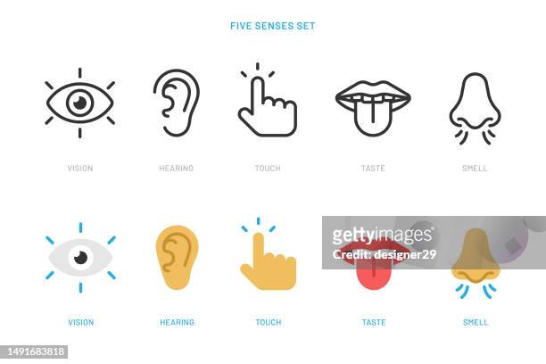 sinnes-icon-set. senses icons linie und flaches stil-vektordesign auf weißem hintergrund. - mouth and ear stock-grafiken, -clipart, -cartoons und -symbole