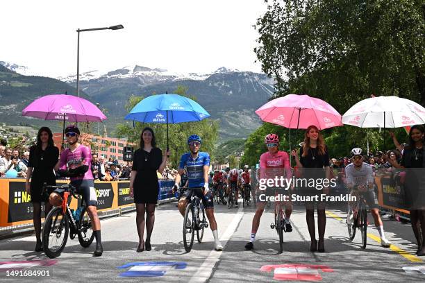 Jonathan Milan of Italy and Team Bahrain - Victorious - Purple Points Jersey, Thibaut Pinot of France and Team Groupama - FDJ - Blue Mountain Jersey,...