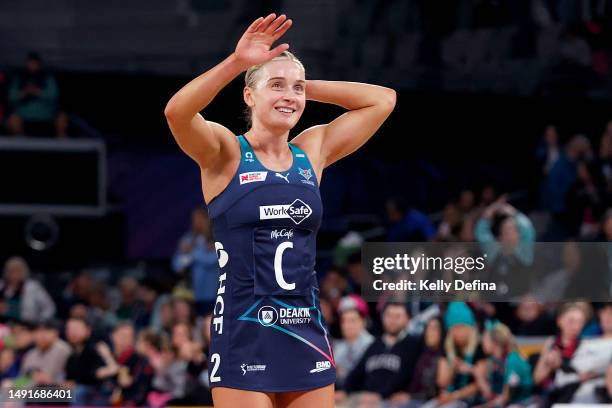 Liz Watson of the Vixens celebrates victory during the round 10 Super Netball match between Melbourne Vixens and Adelaide Thunderbirds at John Cain...