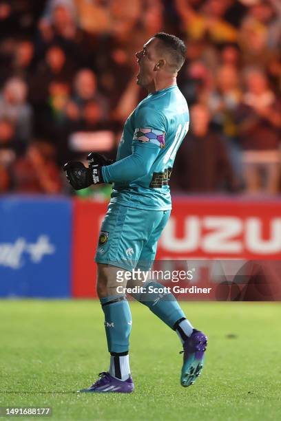 Danny Vukovic of the Mariners celebrates the teams goal during the second leg of the A-League Men's Semi Final between Central Coast Mariners and...
