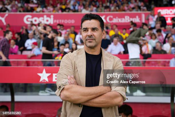 Michel, Head Coach of Girona FC, looks on prior to the LaLiga Santander match between Girona FC and Villarreal CF at Montilivi Stadium on May 20,...