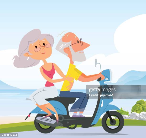 senior couple on scooter - grandparent outside stock illustrations