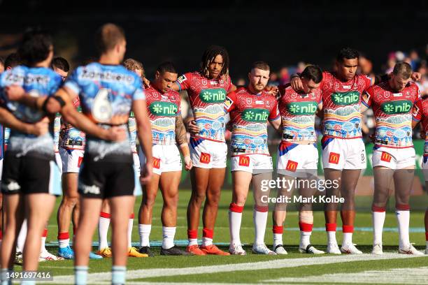 The Knights team line up fora welcome to country before play during the round 12 NRL match between Cronulla Sharks and Newcastle Knights at Coffs...