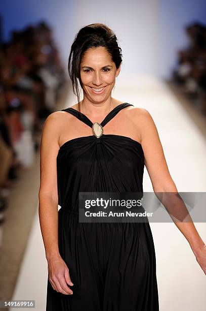 Designer Liliana Villalobos walks the runway for the Aguaclara collection during the Anna Kosturova, Dorit, Keva J, Naila fashion show on July 23,...