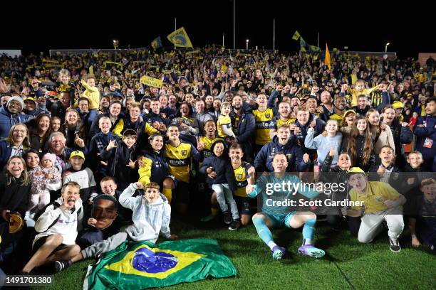 Central Coast Mariners celebrate the team's win with fans during the second leg of the A-League Men's Semi Final between Central Coast Mariners and...