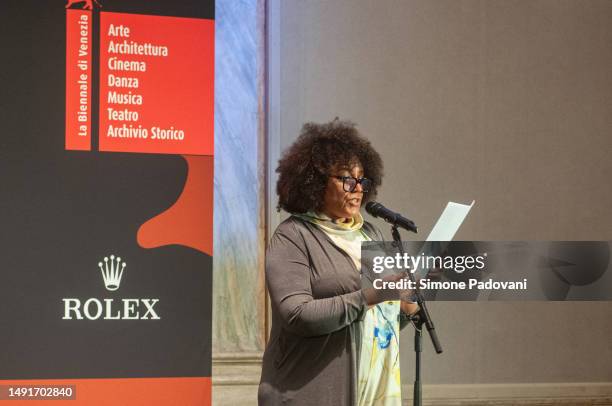 Lesley Lokko speaks during the Award Ceremony at 18th International Architecture Exhibition – La Biennale di Venezia on May 20, 2023 in Venice,...