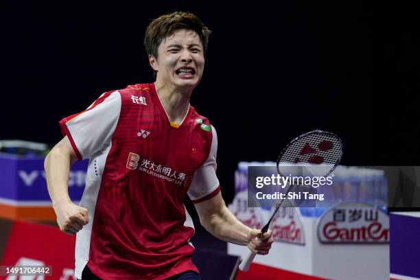 Shi Yuqi of China celebrates the victory in the Men's Singles Semi Finals match against Kodai Naraoka of Japan during day seven of the Sudirman Cup...