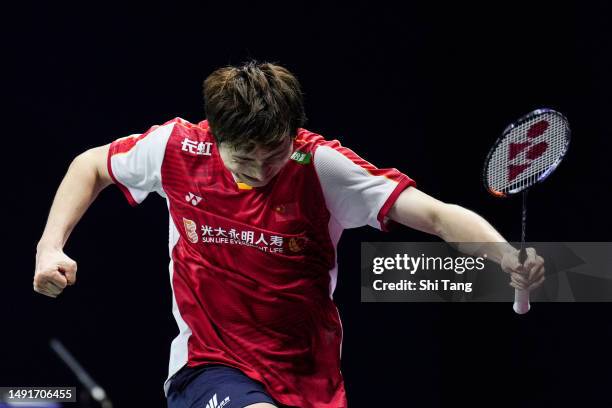 Shi Yuqi of China celebrates the victory in the Men's Singles Semi Finals match against Kodai Naraoka of Japan during day seven of the Sudirman Cup...