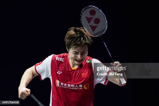 Shi Yuqi of China celebrates the victory in the Men's Singles Semi Finals match against Kodai Naraoka of Japan during day seven of the Sudirman Cup...