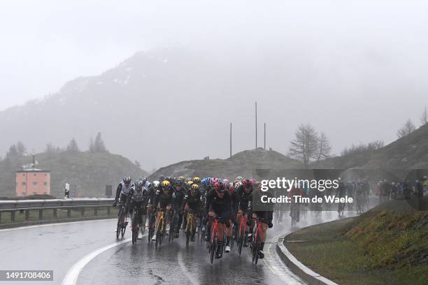 General view of Salvatore Puccio of Italy and Team INEOS Grenadiers and the peloton compete in the peloton passing through Simplon Pass during the...