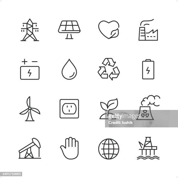power and energy - pixel perfect line icon set, editable stroke weight. - wind power station stock illustrations