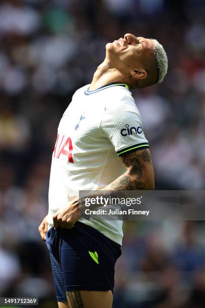 Richarlison of Tottenham Hotspur reacts during the Premier League match between Tottenham Hotspur and Brentford FC at Tottenham Hotspur Stadium on...