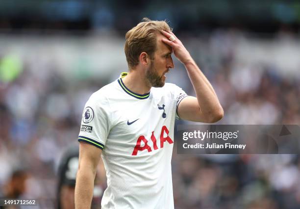 Harry Kane of Tottenham Hotspur reacts during the Premier League match between Tottenham Hotspur and Brentford FC at Tottenham Hotspur Stadium on May...