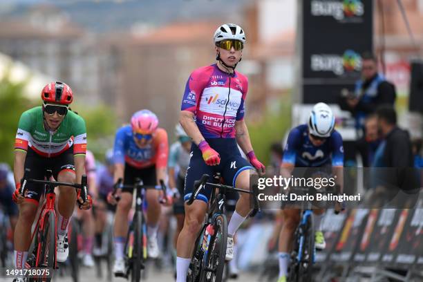 Lorena Wiebes of The Netherlands and Team SD Worx - Purple Leader Jersey celebrates at finish line as stage winner ahead of Elisa Balsamo of Italy...