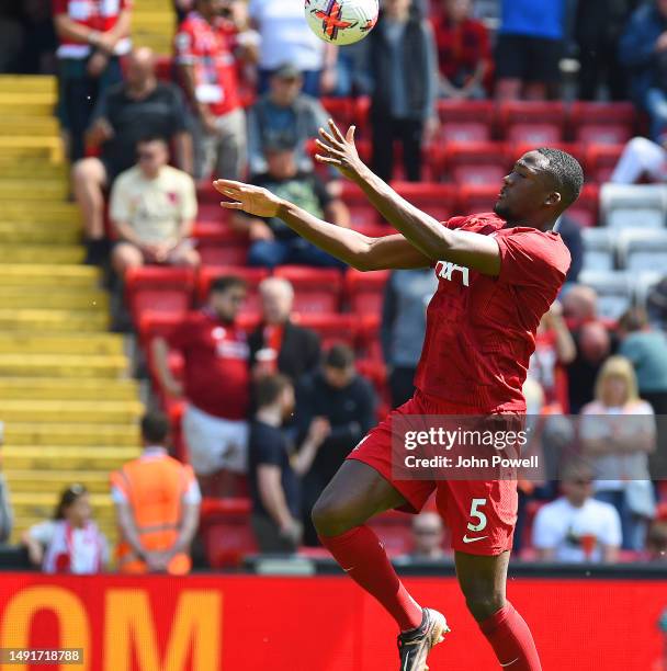 Ibrahima Konate of Liverpool before the Premier League match between Liverpool FC and Aston Villa at Anfield on May 20, 2023 in Liverpool, England.