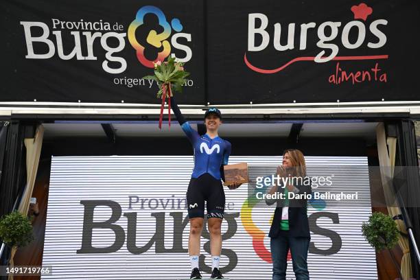 Sara Martín of Spain and Movistar Team celebrates at podium as best rider from Burgos during the 8th Vuelta a Burgos Feminas 2023, Stage 3 a 112.7km...